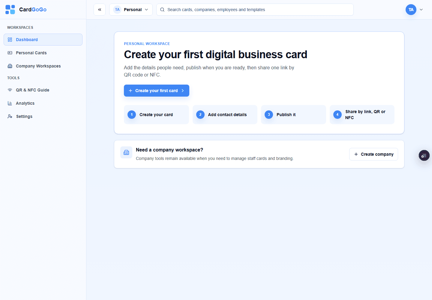 Personal dashboard with the Create card action visible