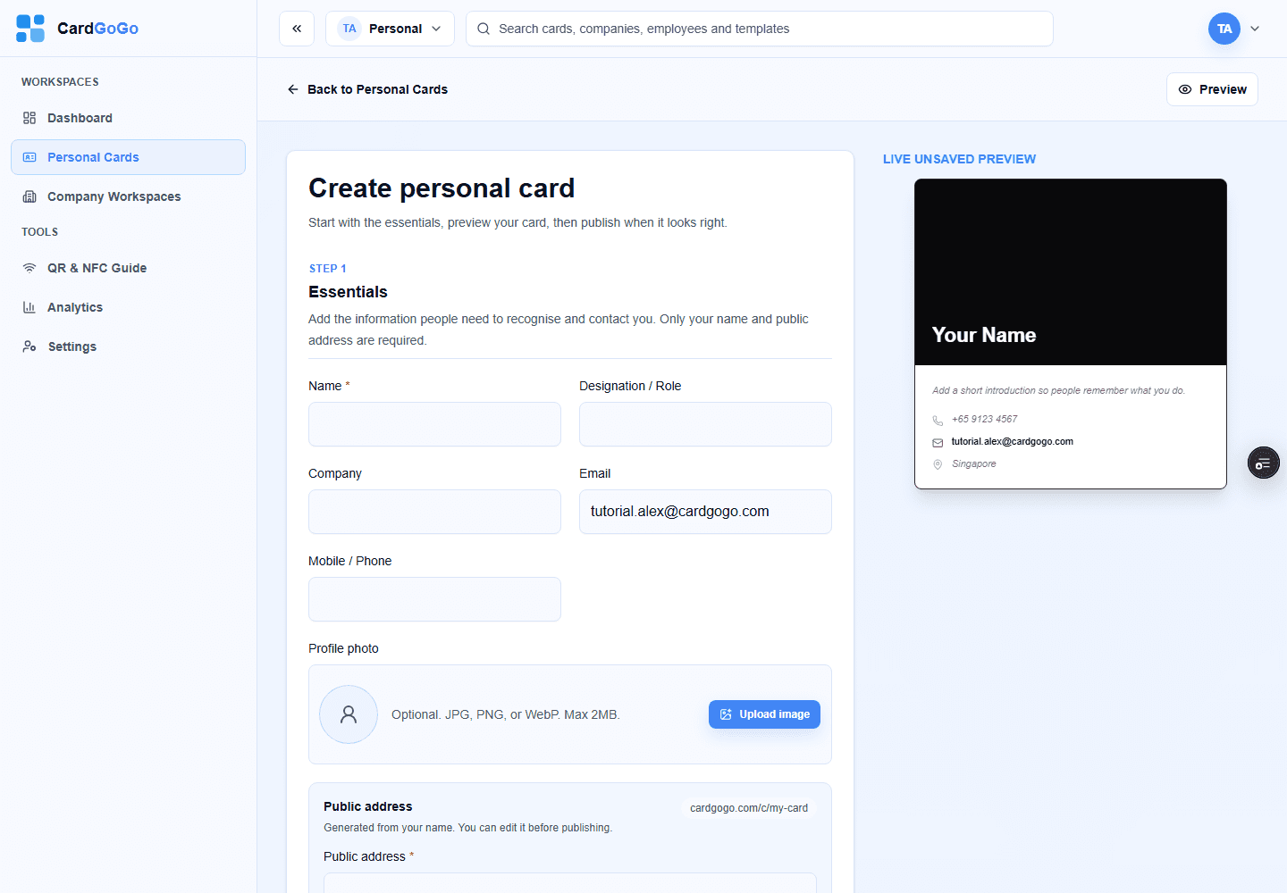 Personal card editor showing the Essentials section and live preview