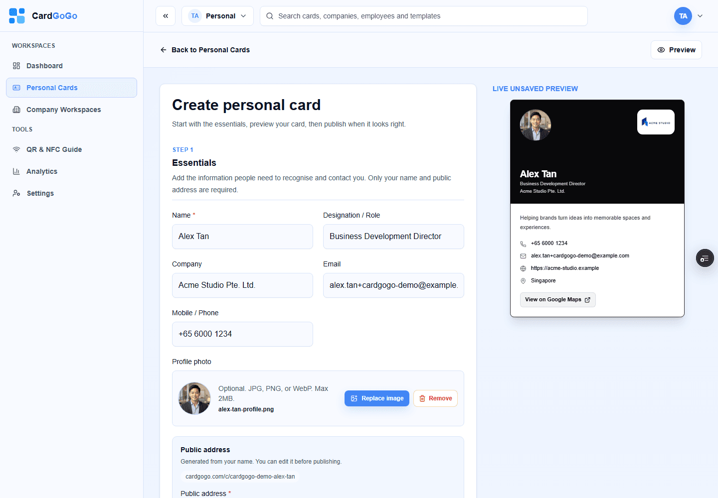 Completed Personal card details with synthetic portrait, company logo and live preview