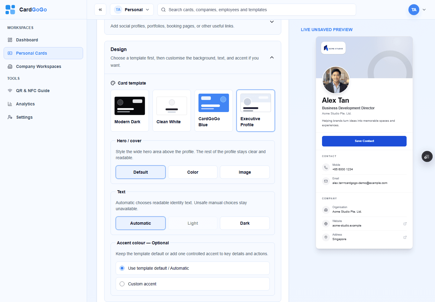 Template choices beside the completed Executive Profile live preview