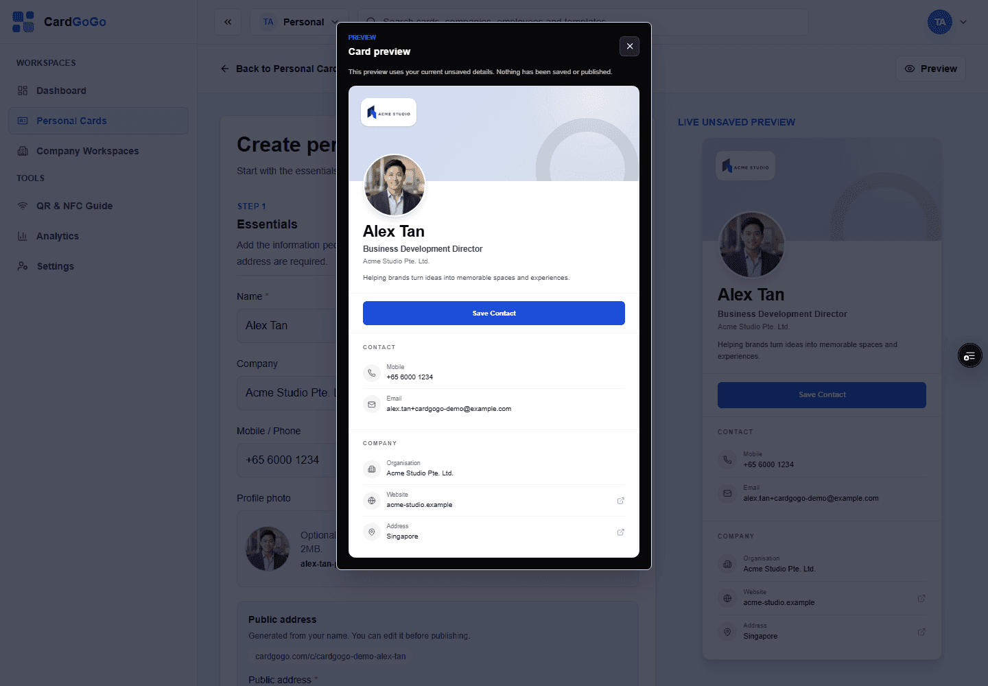 Completed digital business card in the card preview dialog