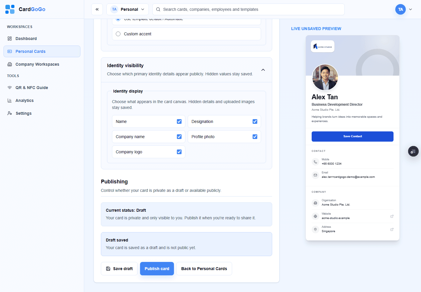 Personal card editor showing the Draft saved confirmation and Publish card action