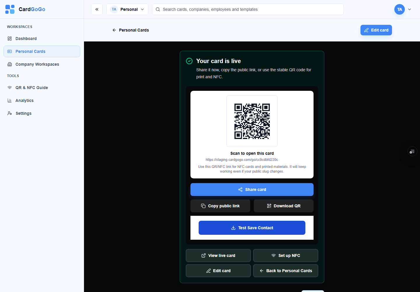 Published-card success screen with QR code, share actions and View live card link