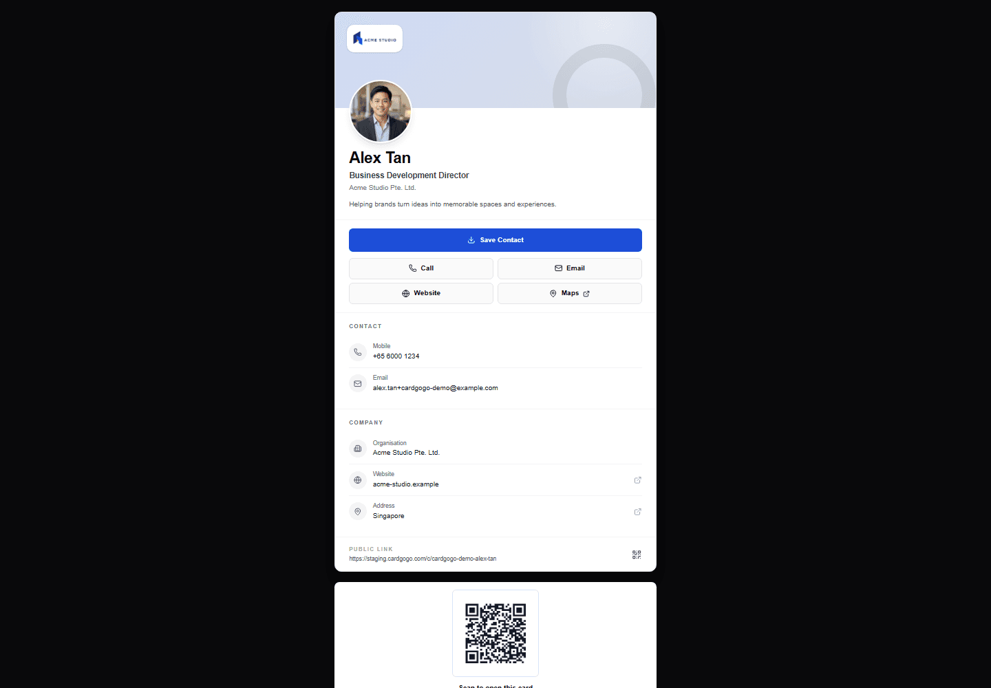 Completed public Executive Profile card with portrait, company logo and contact actions