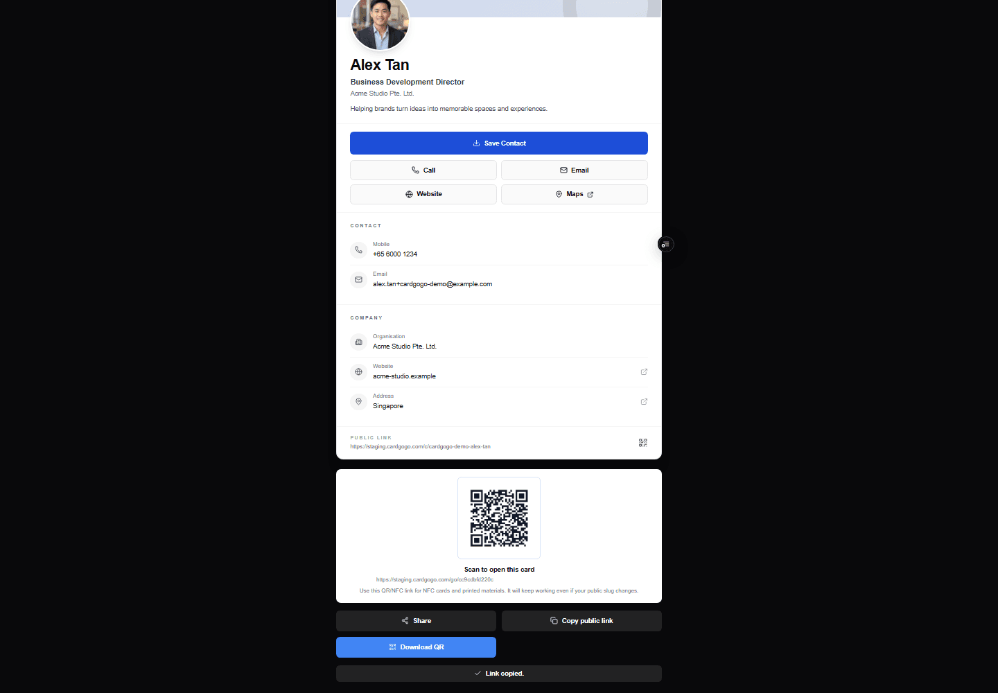 Completed public card with Save Contact, Share and Link copied confirmation visible