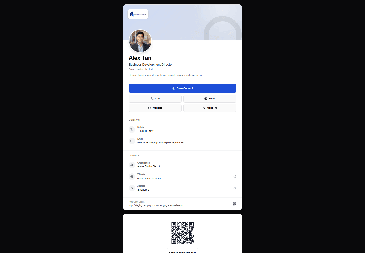 Published Executive Profile card for the synthetic Alex Tan persona open in a browser