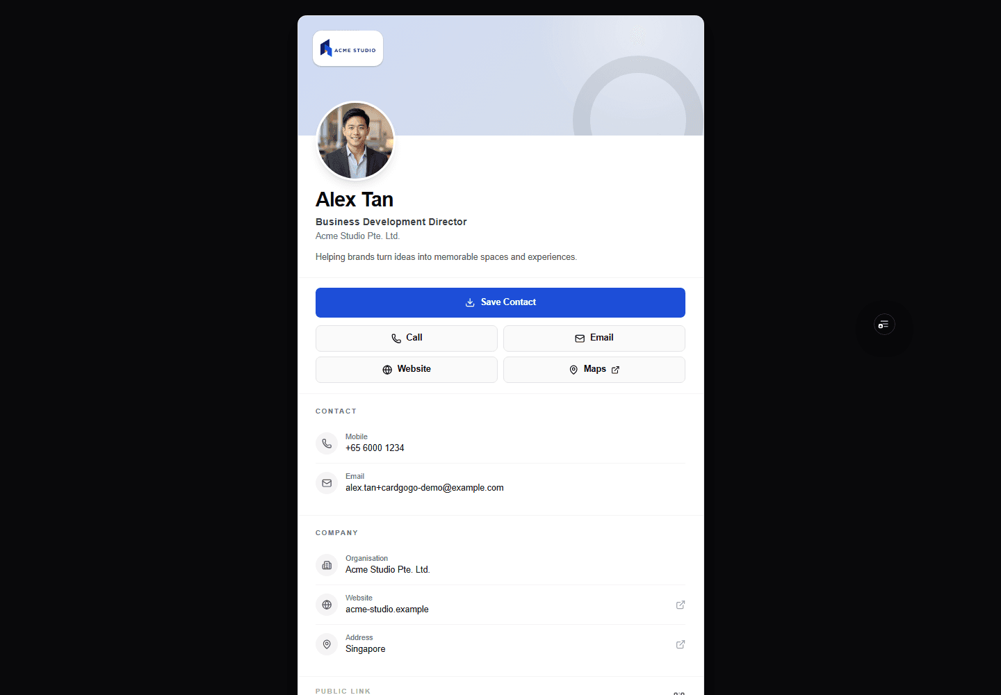 Synthetic Alex Tan public card showing company, role and contact actions