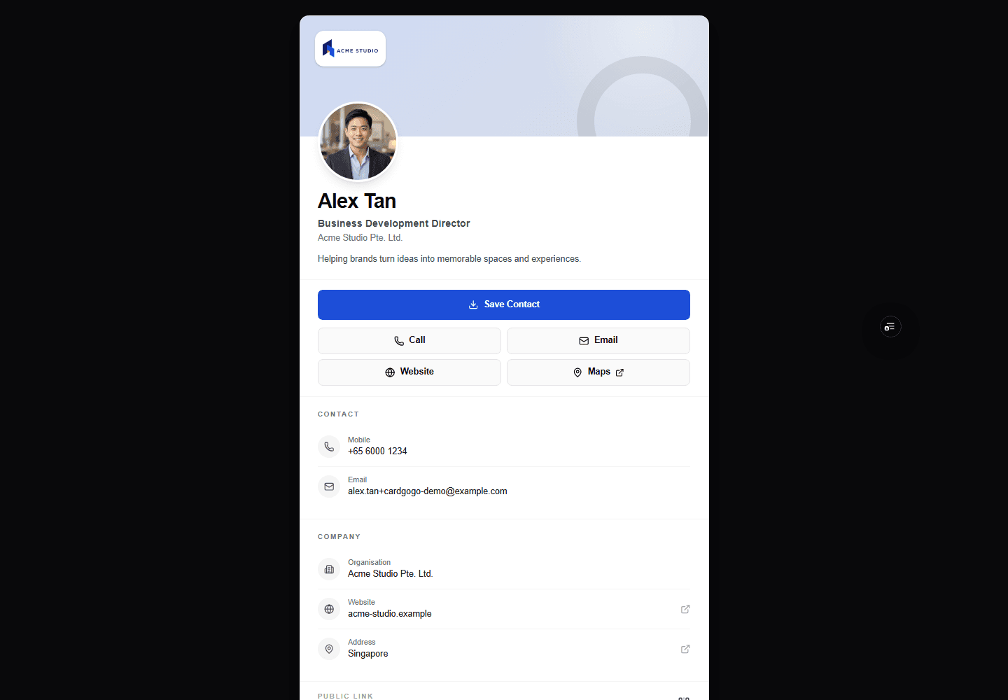 Save Contact action highlighted on the synthetic Alex Tan public card