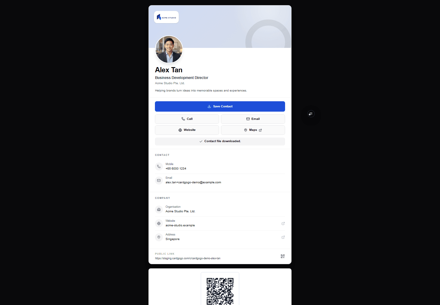 Synthetic public card showing the Contact file downloaded confirmation after Save Contact was selected