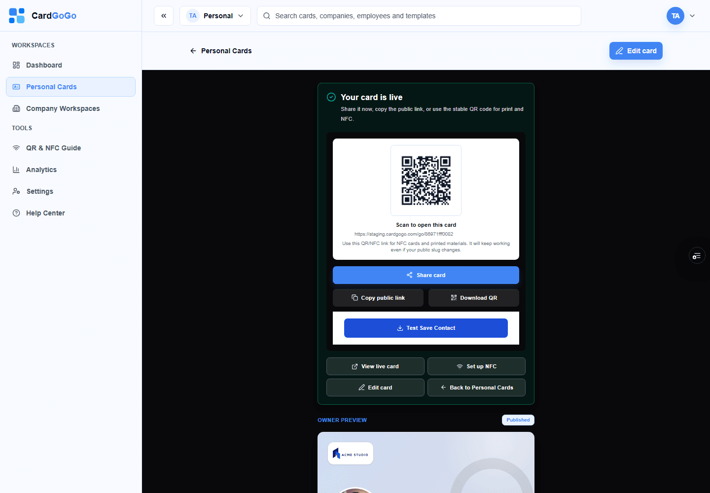 Published-card preview showing Share card, Copy public link, Download QR and an on-screen QR code