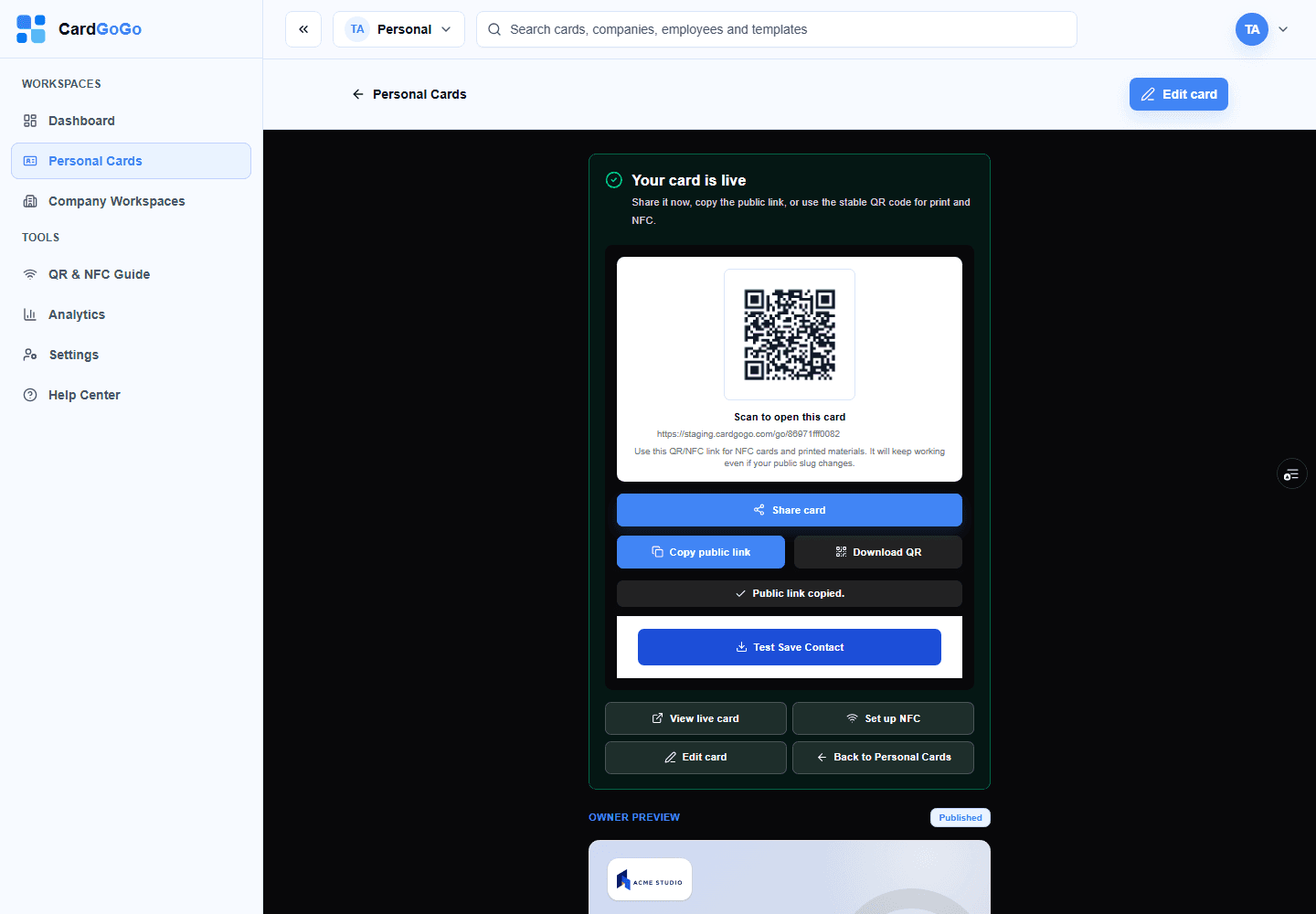 Published-card preview with the Public link copied confirmation visible