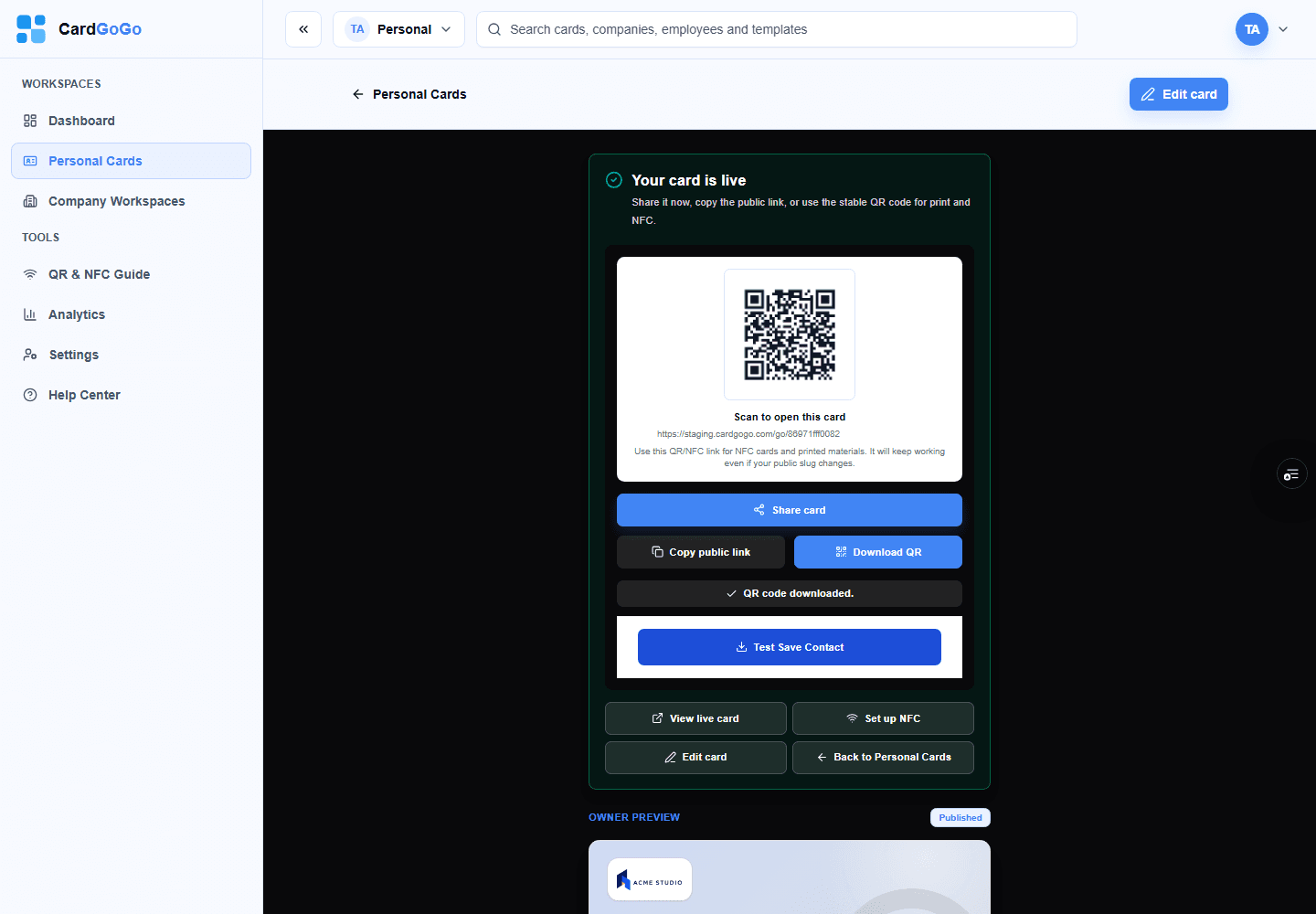 Published-card preview with the QR code, Download QR action and QR code downloaded confirmation