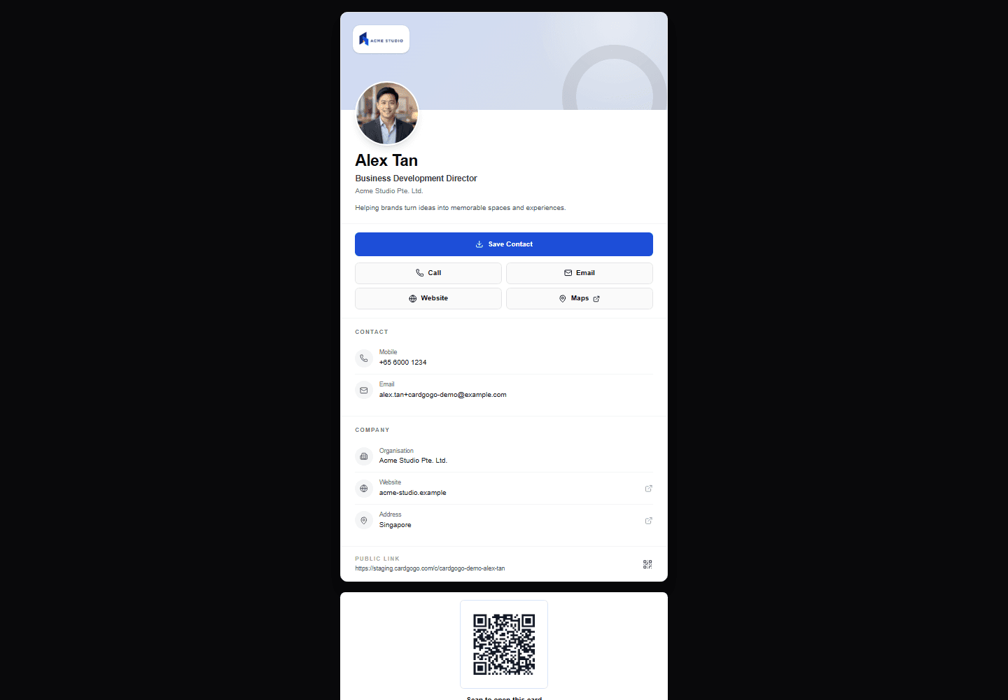 Public Executive Profile card for the synthetic Alex Tan persona with contact actions visible