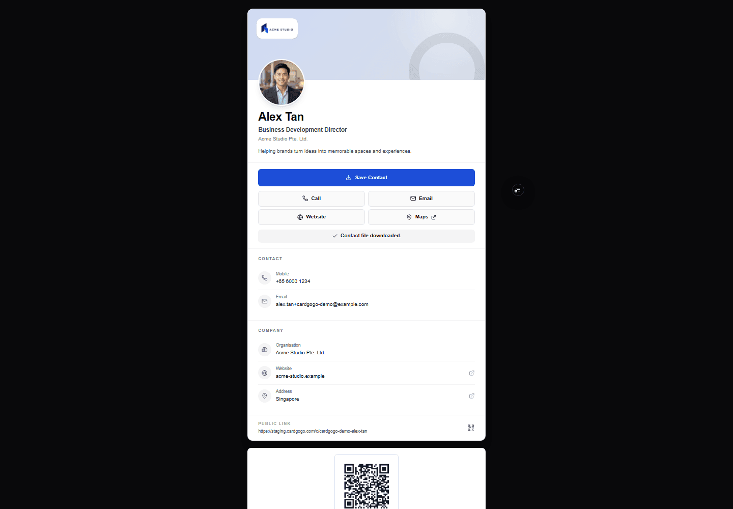Public synthetic card with Save Contact and the Contact file downloaded confirmation visible