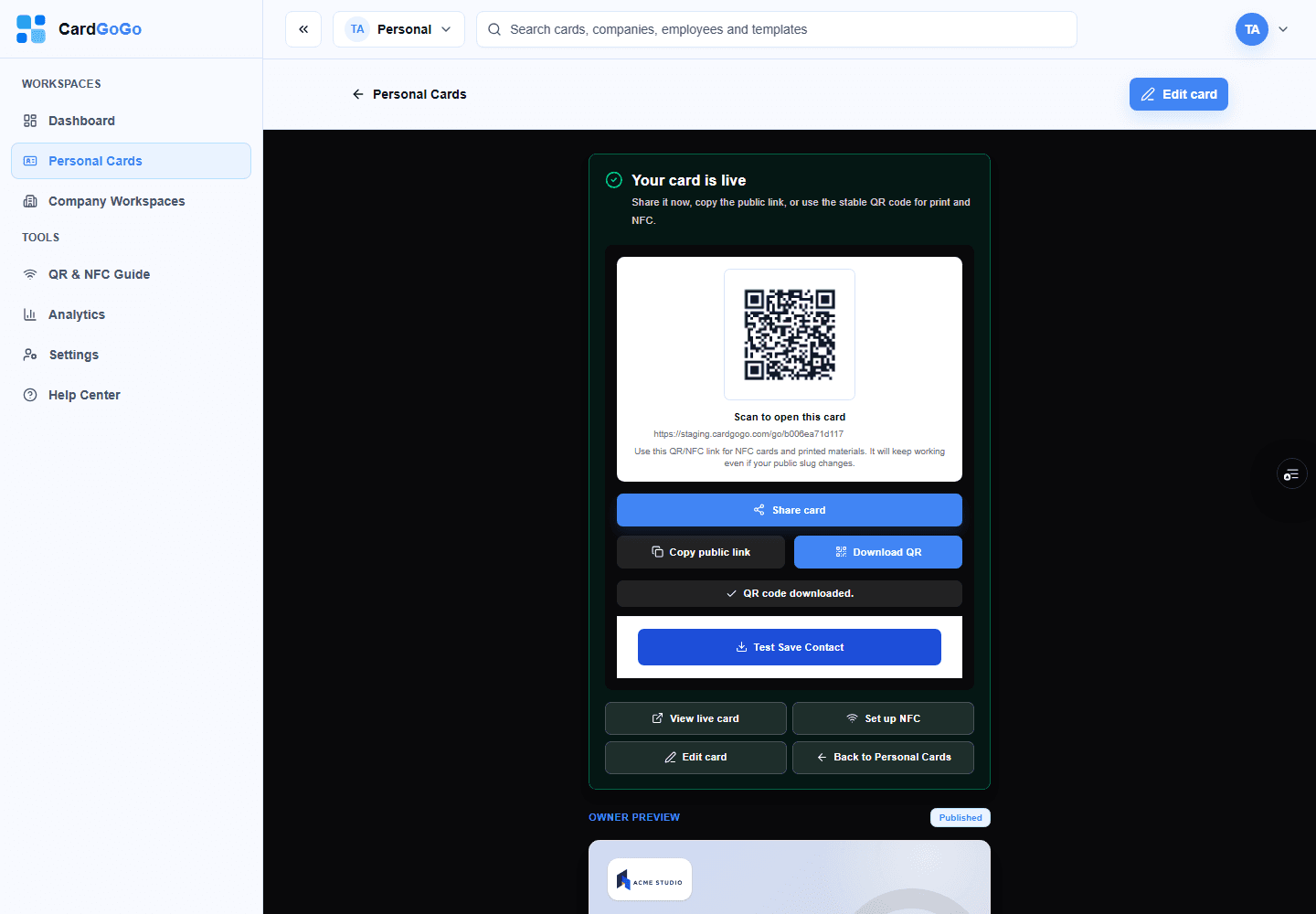 Published-card preview with Download QR and the QR code downloaded confirmation visible