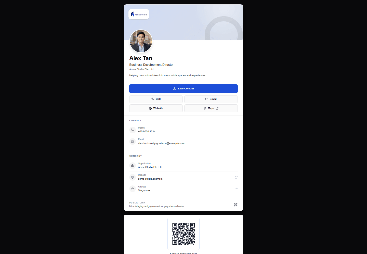 Public Executive Profile card for the synthetic Alex Tan persona with Save Contact and contact actions visible