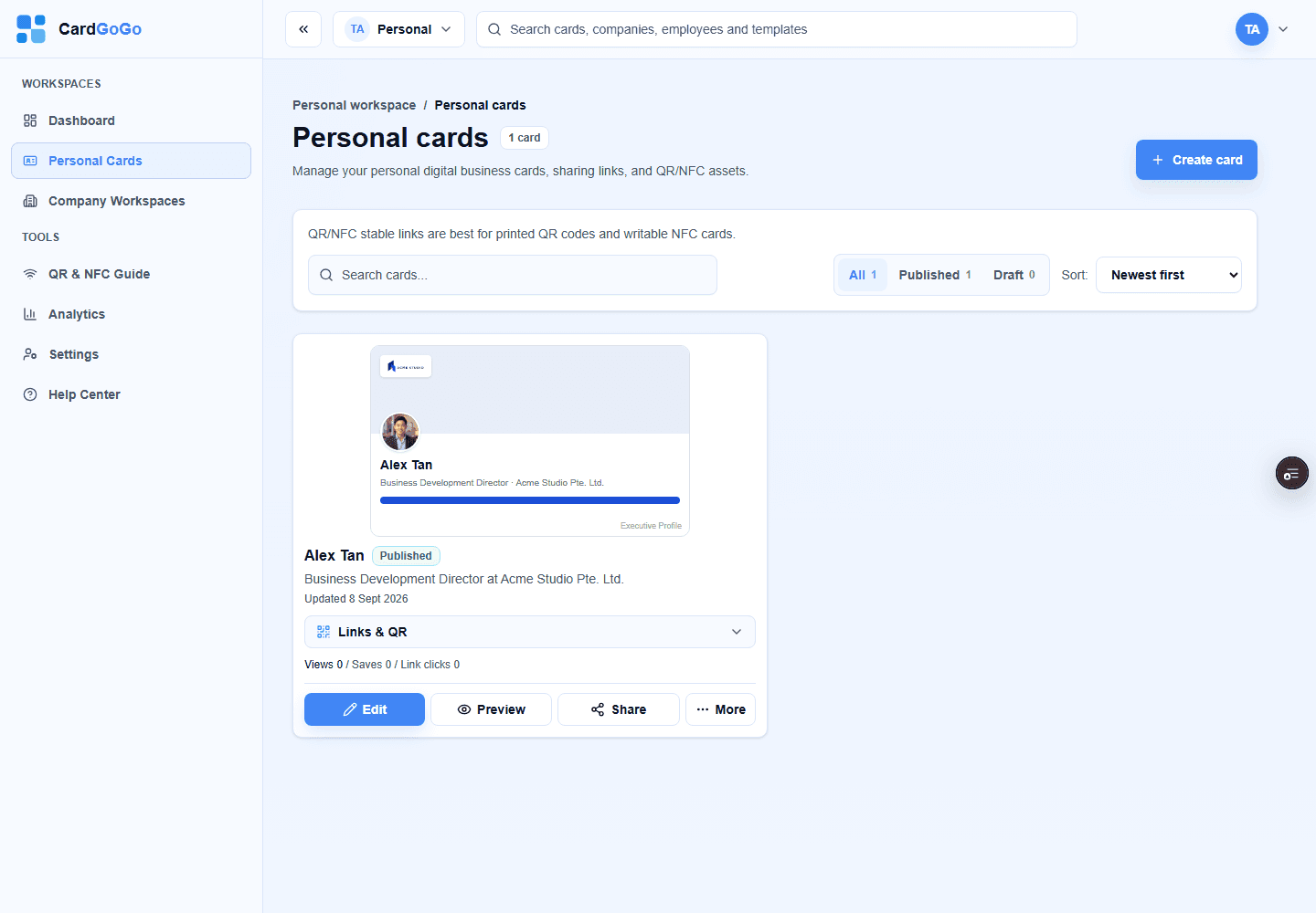 Personal Cards page showing Alex Tan's synthetic CardGoGo card in its published state